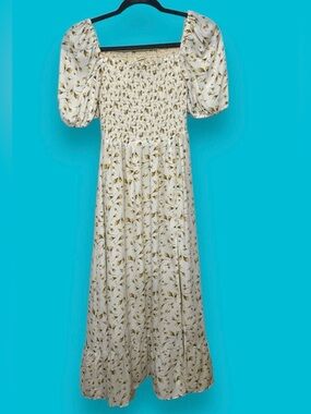 Sunday Up Womens Large Floral Smocked Midi Dress Puff Sleeve Cottagecore White L